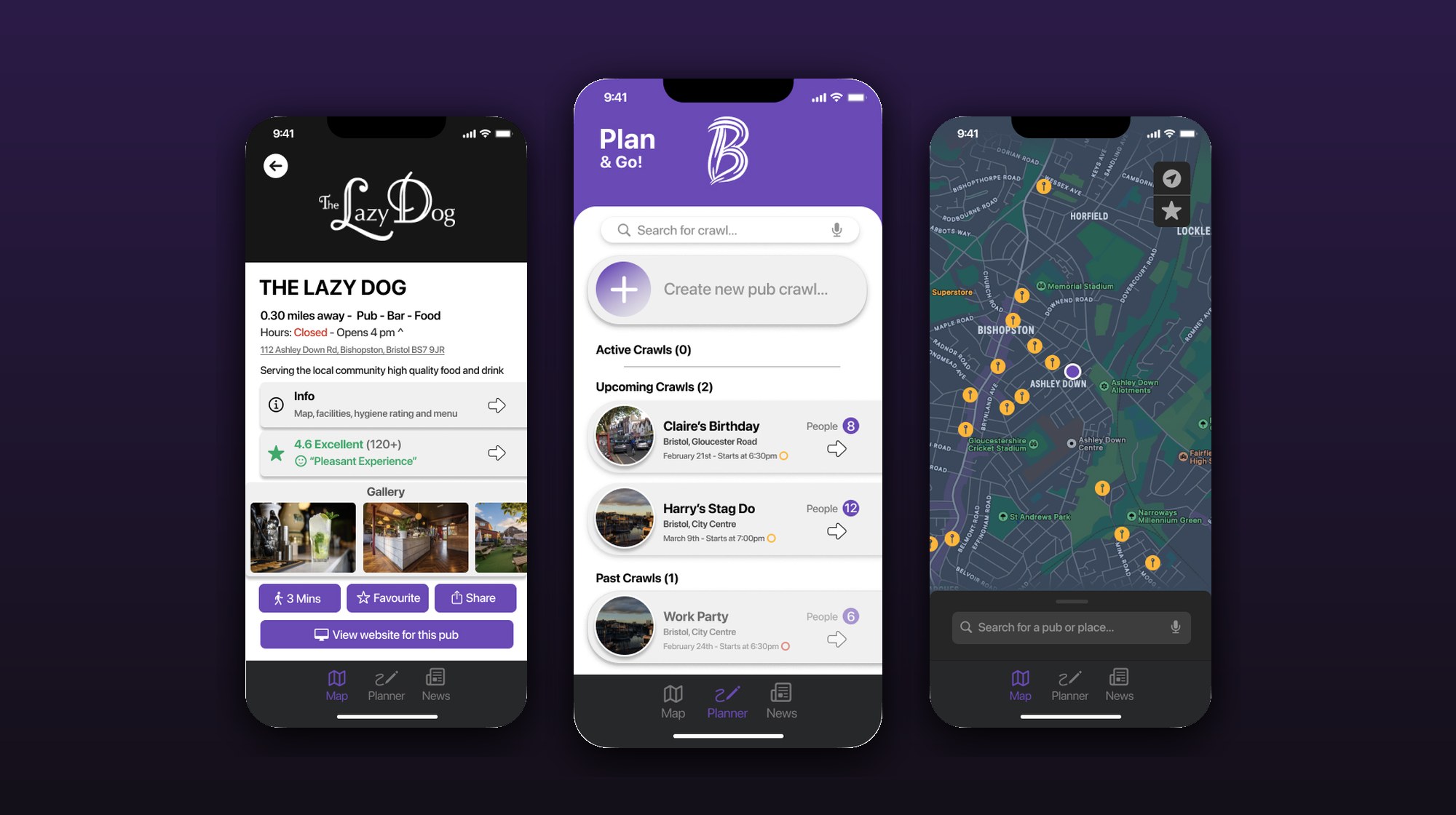 BarHub iOS app: venue profile, pub crawl planner and map screens