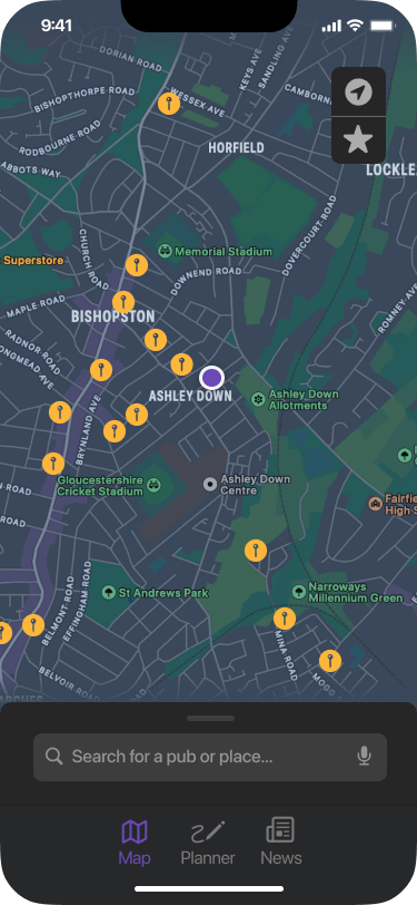 BarHub map view with pub markers across Bristol