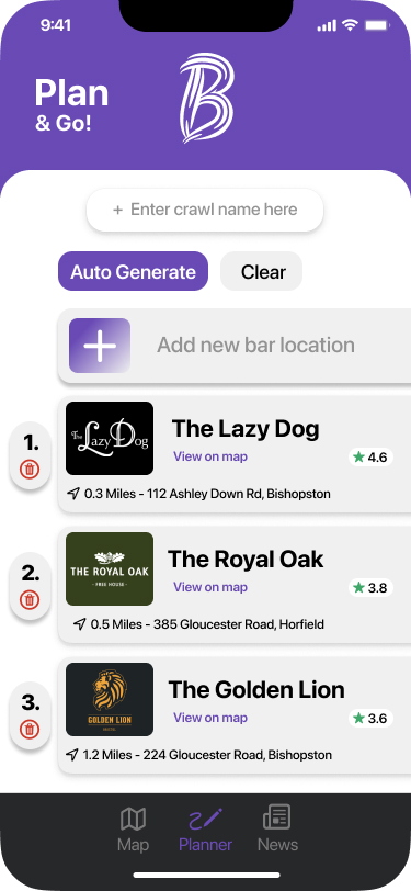 Creating a new BarHub pub crawl with an ordered list of bars and an auto-generate option