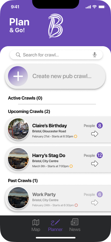 BarHub planner showing active, upcoming and past pub crawls