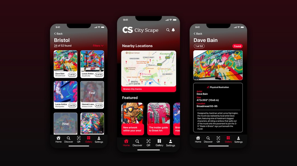 City Scape iOS app screens on a bold red backdrop