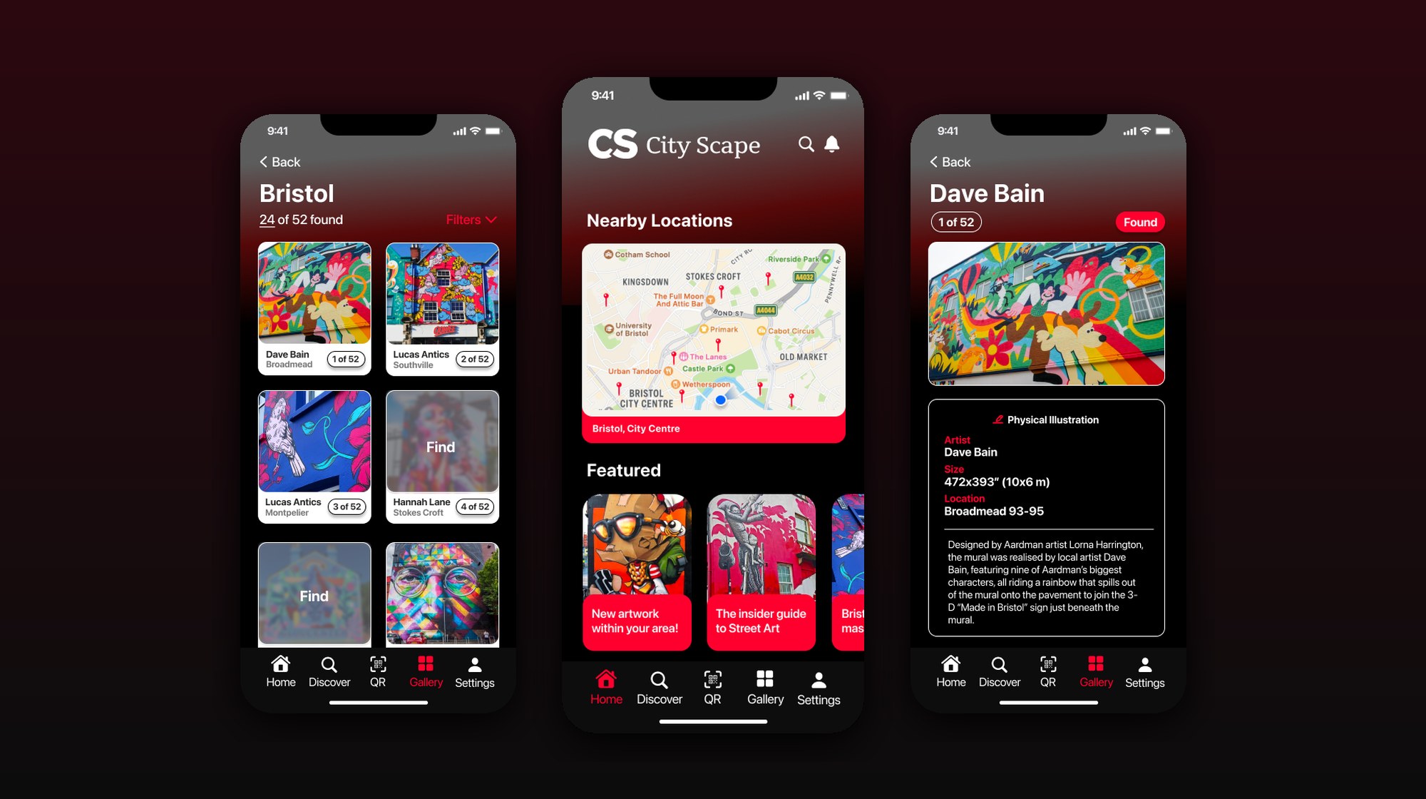 City Scape iOS app: home, gallery and artwork detail screens on a bold red backdrop