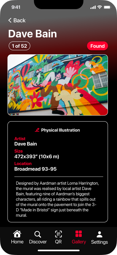 Dave Bain artwork profile marked as found, 1 of 52