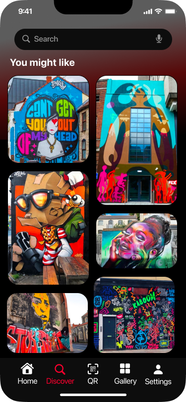 Discover screen with a You might like grid of street art