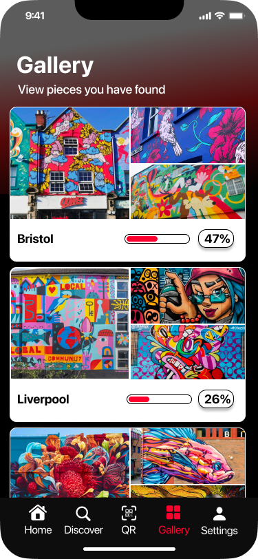 Gallery overview showing Bristol at 47 percent and Liverpool at 26 percent completion
