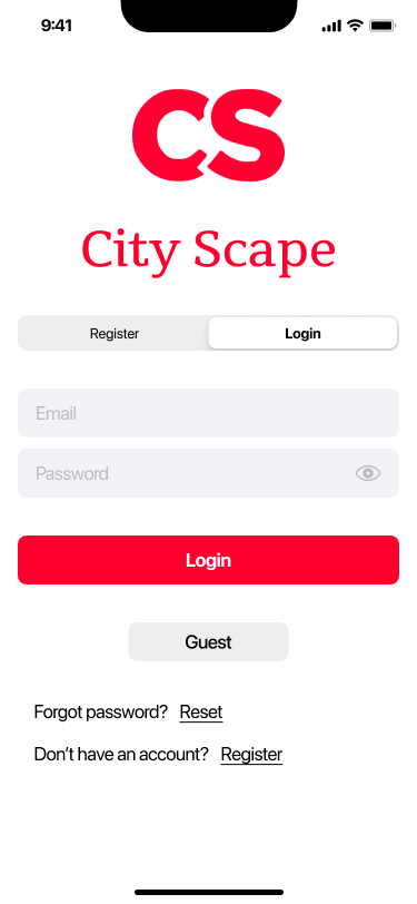 City Scape login and register screen with a guest option