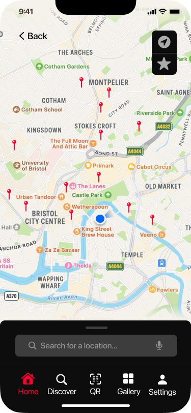 Map view of Bristol with pins marking nearby street art locations