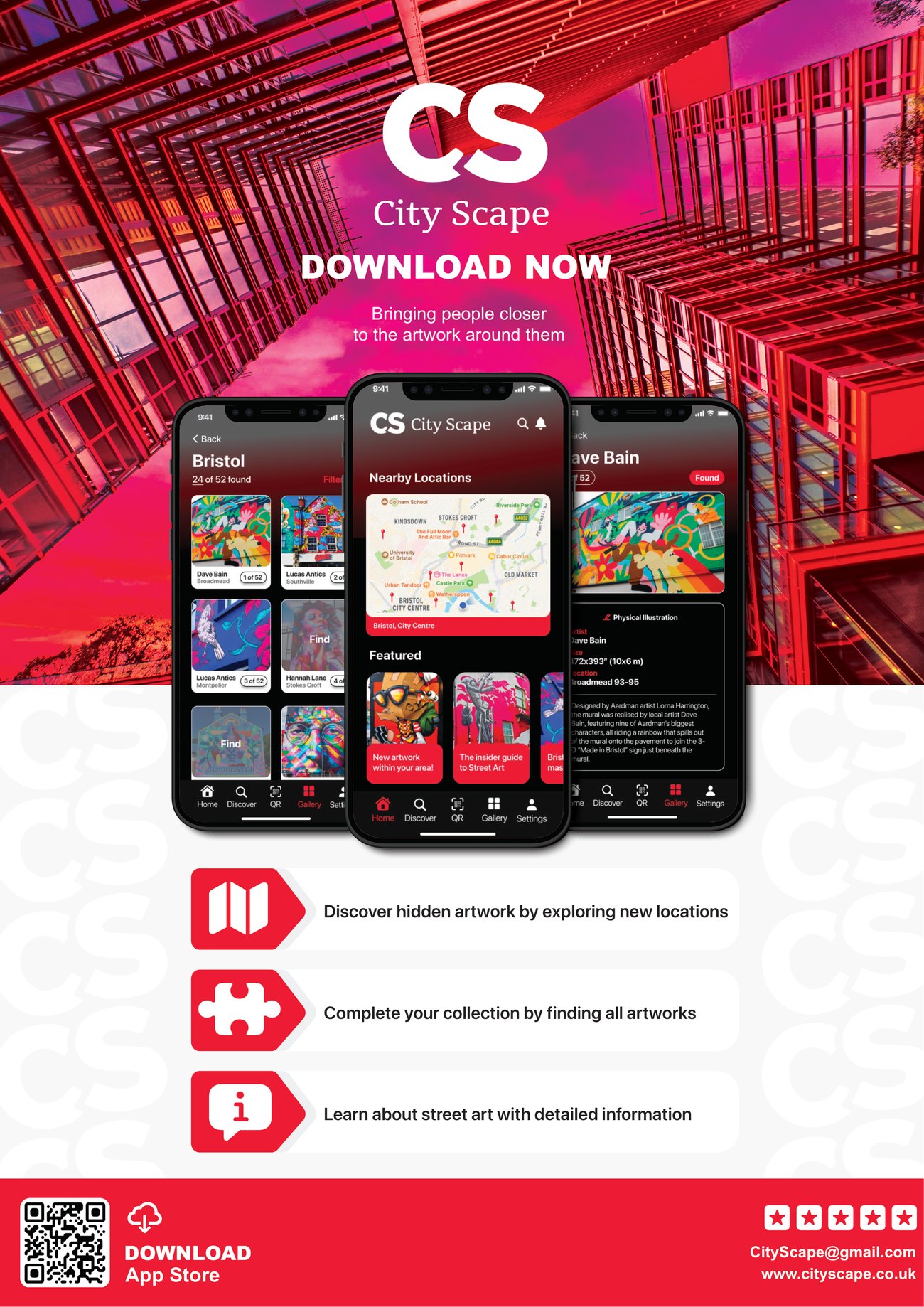 City Scape marketing poster with the CS logo, three app screens and the tagline 'Bringing people closer to the artwork around them'
