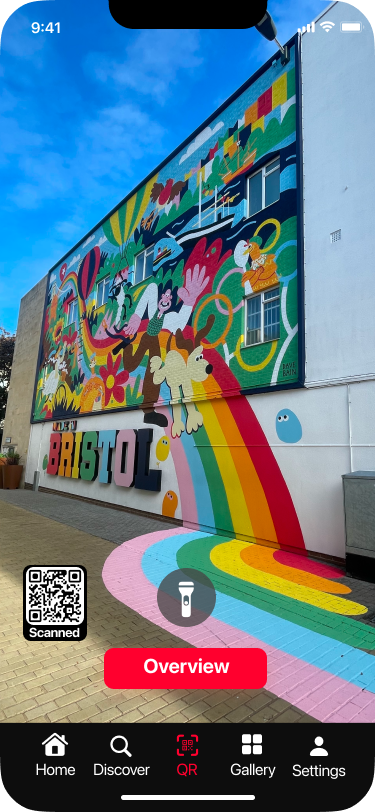 QR scan detail screen showing a scanned mural with an Overview button