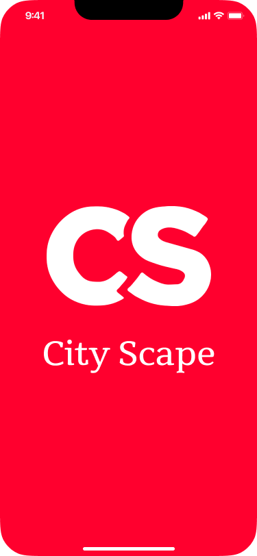 City Scape splash screen with the CS logo on red