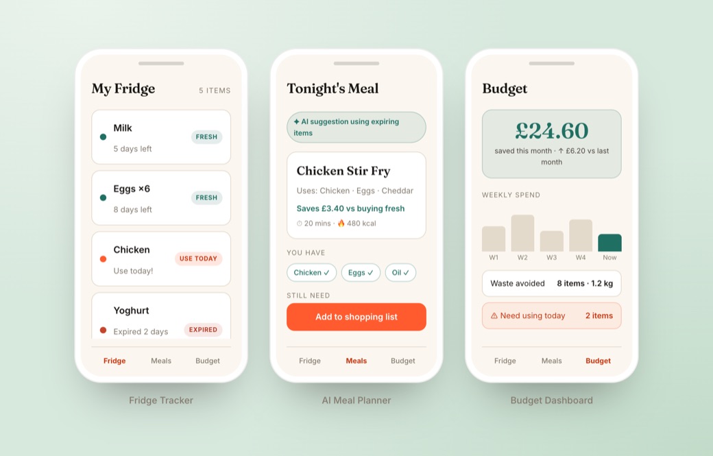 FreshTrack iOS app: fridge tracker, AI meal planner and budget screens