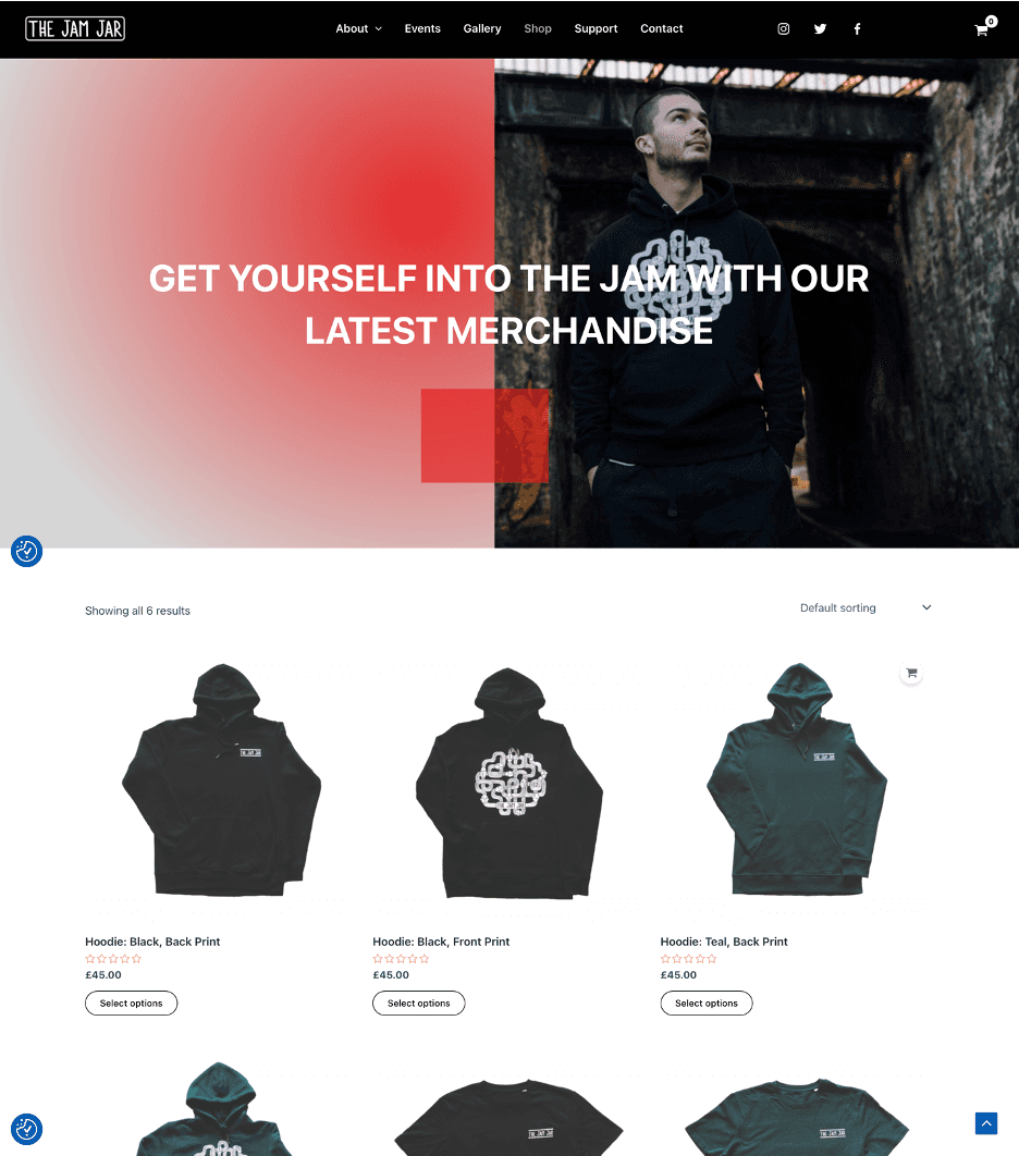 The Jam Jar WooCommerce shop page with branded hoodie merchandise