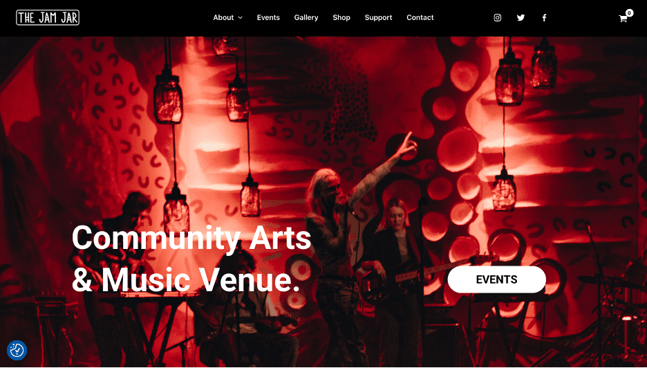The Jam Jar website homepage: 'Community Arts & Music Venue'