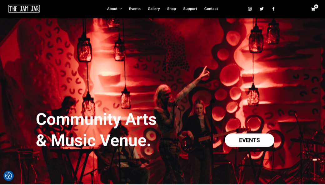 The Jam Jar website homepage: 'Community Arts & Music Venue'