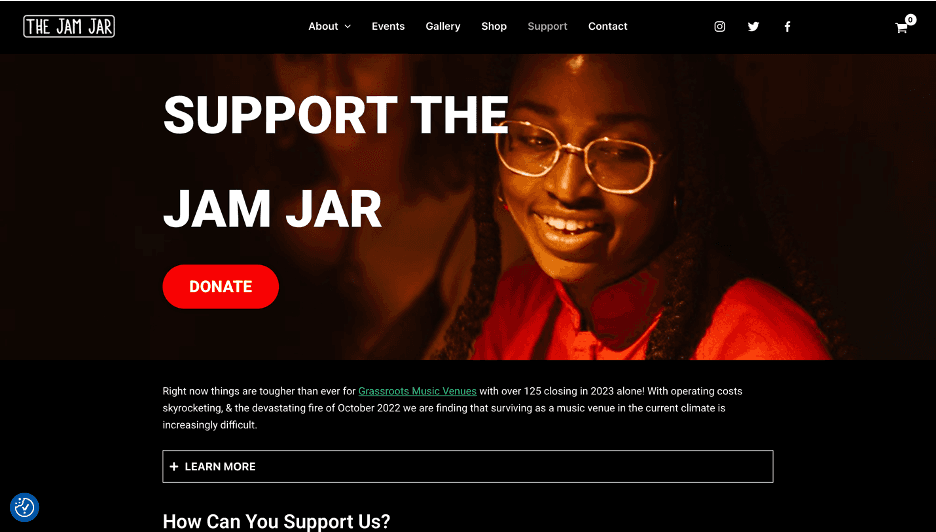 The Jam Jar support page encouraging donations to the grassroots venue