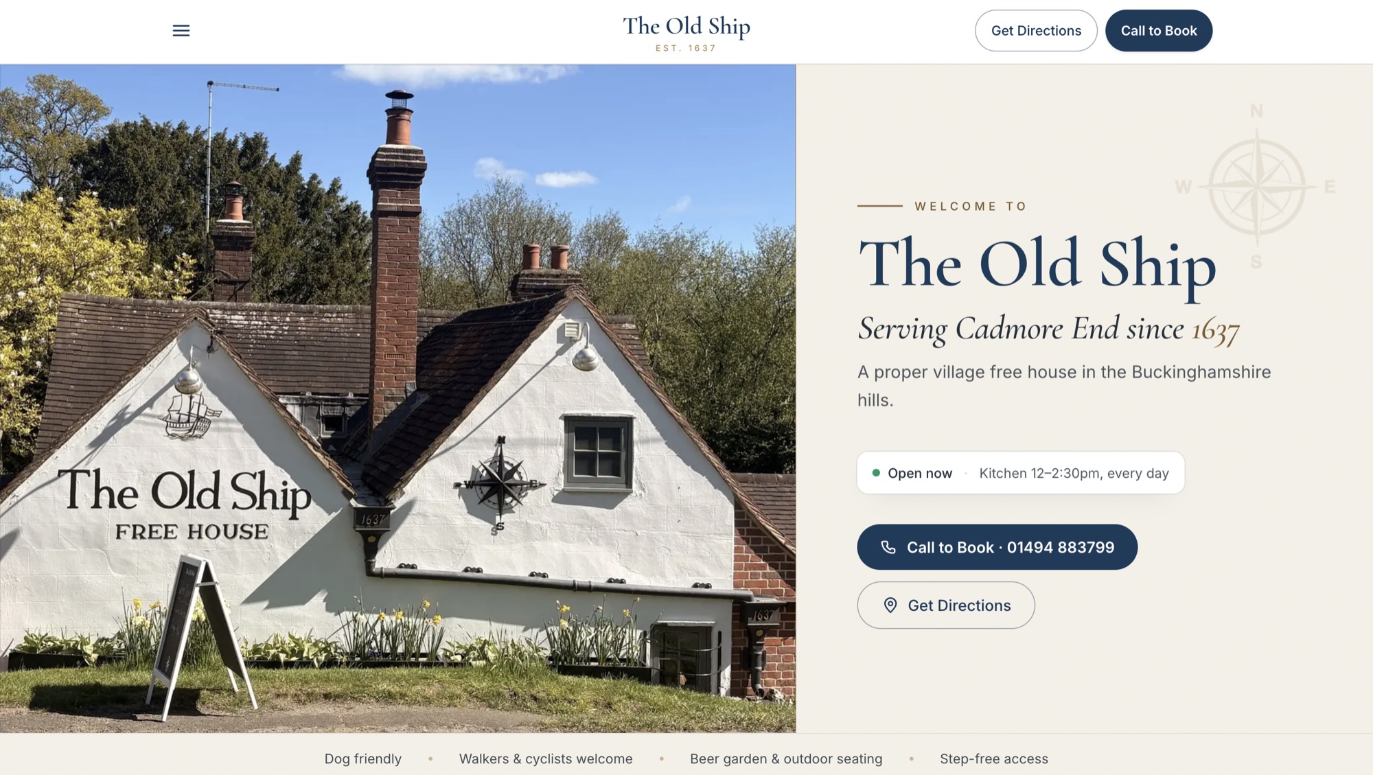 The Old Ship website homepage: a photo of the white-painted pub beside 'Serving Cadmore End since 1637', with Call to Book and Get Directions buttons