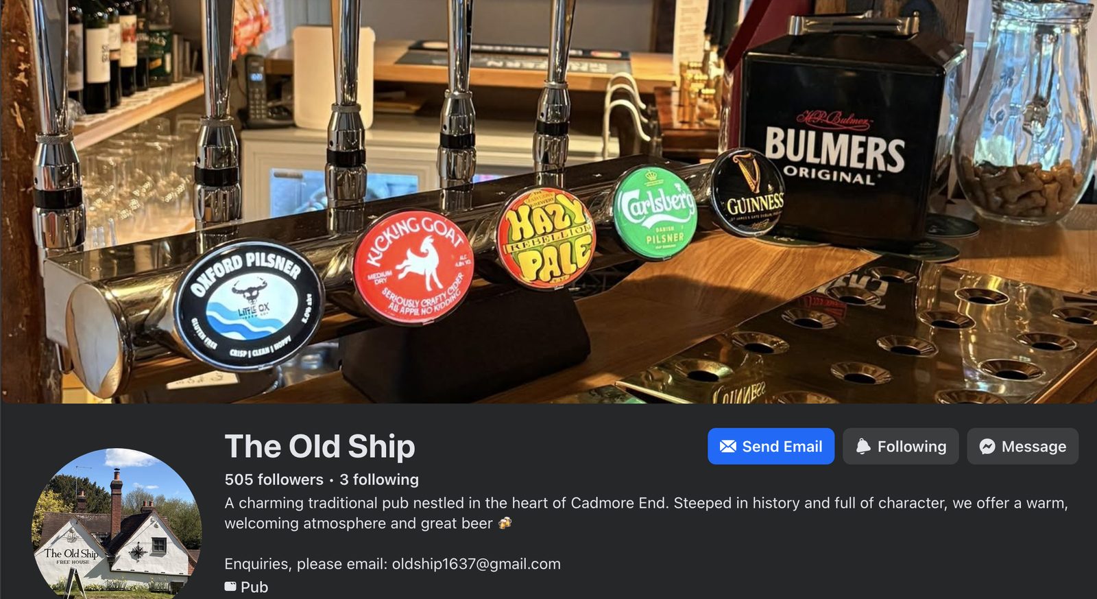 The Old Ship's Facebook page, with a cover photo of the beer taps and the pub as its profile picture