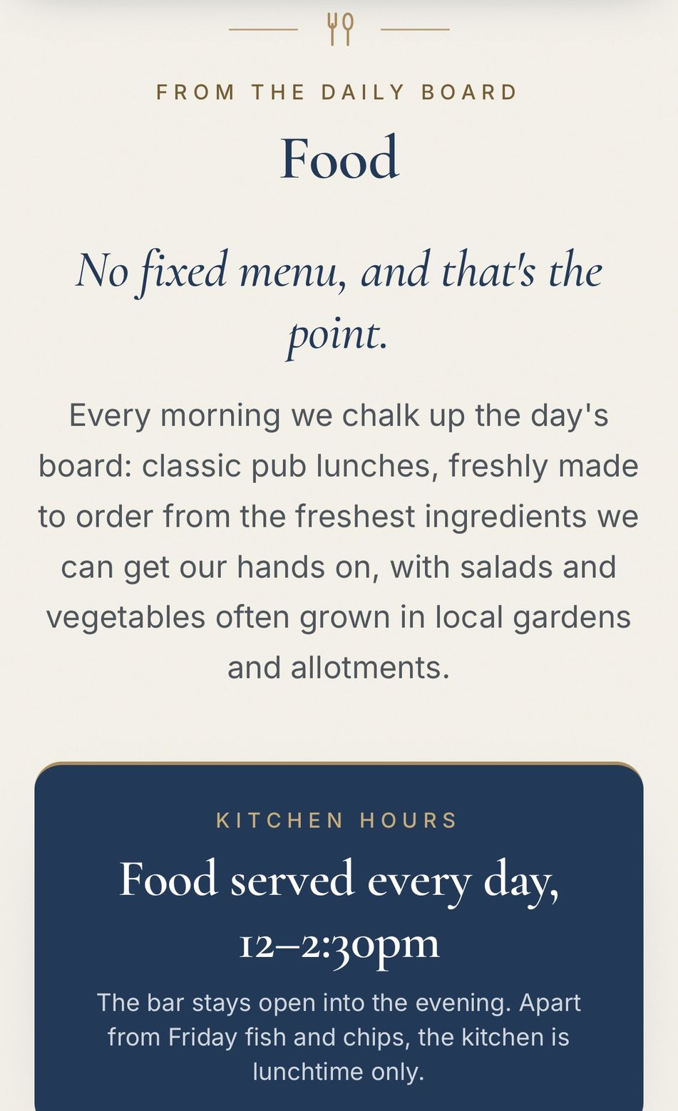 The food section on a phone, headed 'No fixed menu, and that's the point', explaining the daily chalkboard and showing kitchen hours
