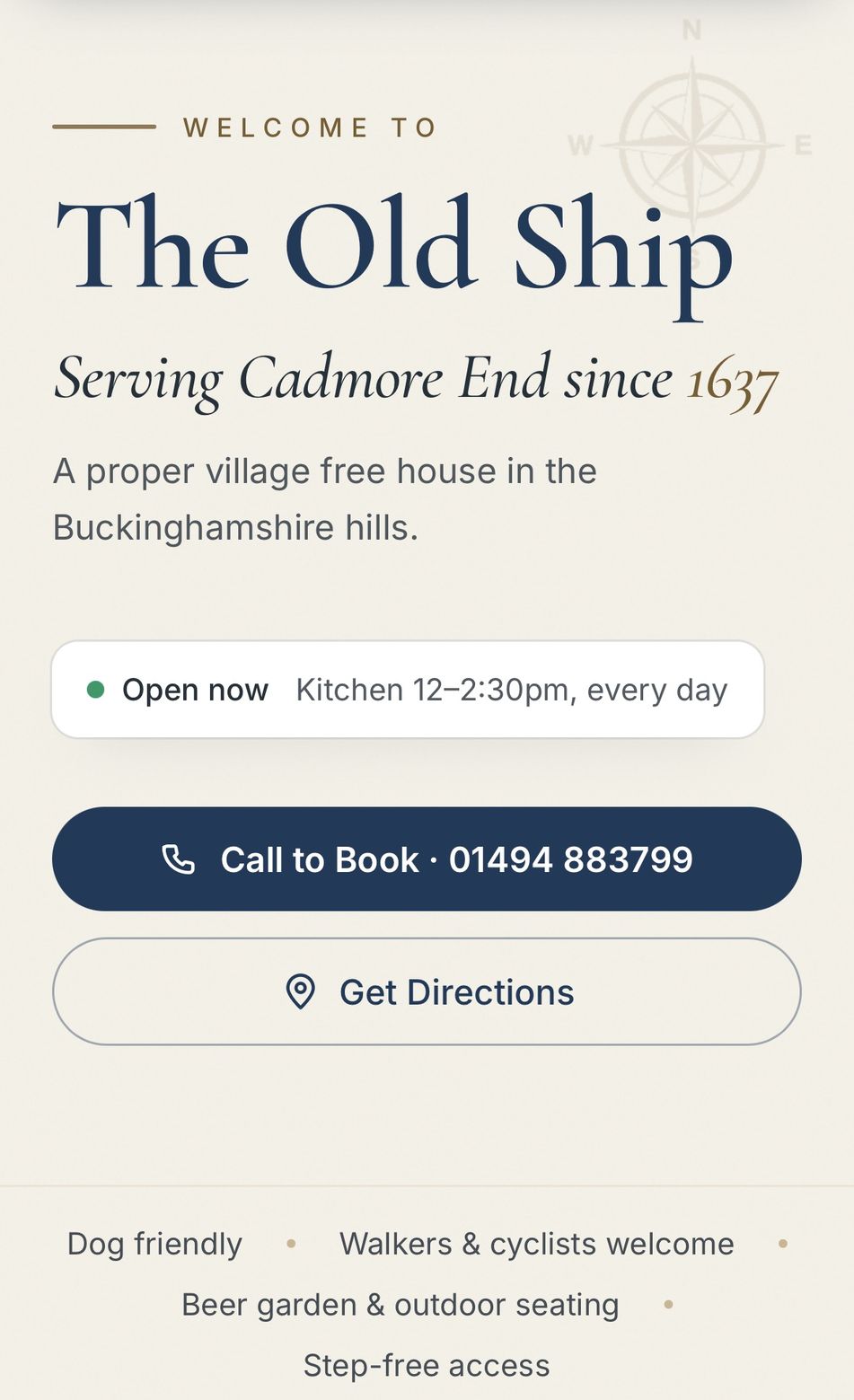 The Old Ship website on a phone: Call to Book and Get Directions buttons, today's opening status and kitchen hours, with dog friendly, walkers and cyclists welcome, beer garden and step-free access listed underneath
